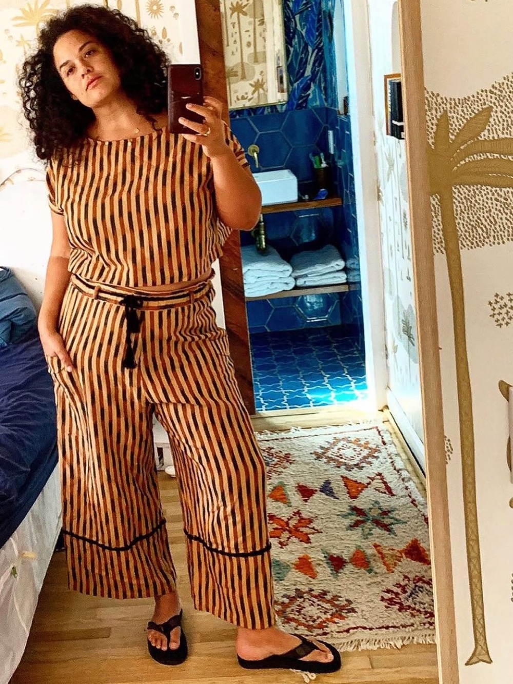 Striped Cotton Wide Leg Cropped Pants with Side Pockets - Black & Tan